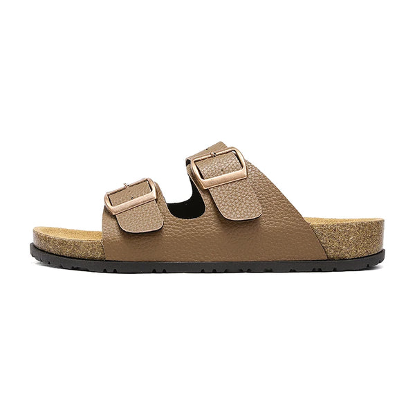 Men's Adjustable Double Buckle Cork Footbed Slide Sandals Casual Leather Open Toe Flat Slip on Summer Walking Beach Slide Shoes