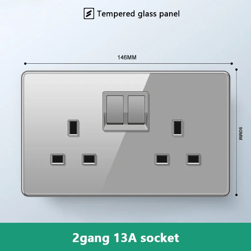 UK 13A Wall Socket with Type-C 18W Fast Charging Plug Socket,Glass Panel Power Double Universal Outlet with Quick USB C charge