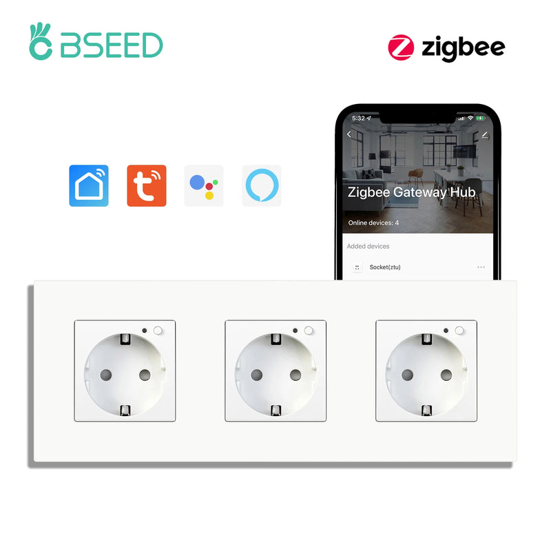 BSEED ZigBee Smart Socket Double Power Outlet Smart Wall Socket Plastic Frame Tuya Google Home Smart Life Control Blue Backlight