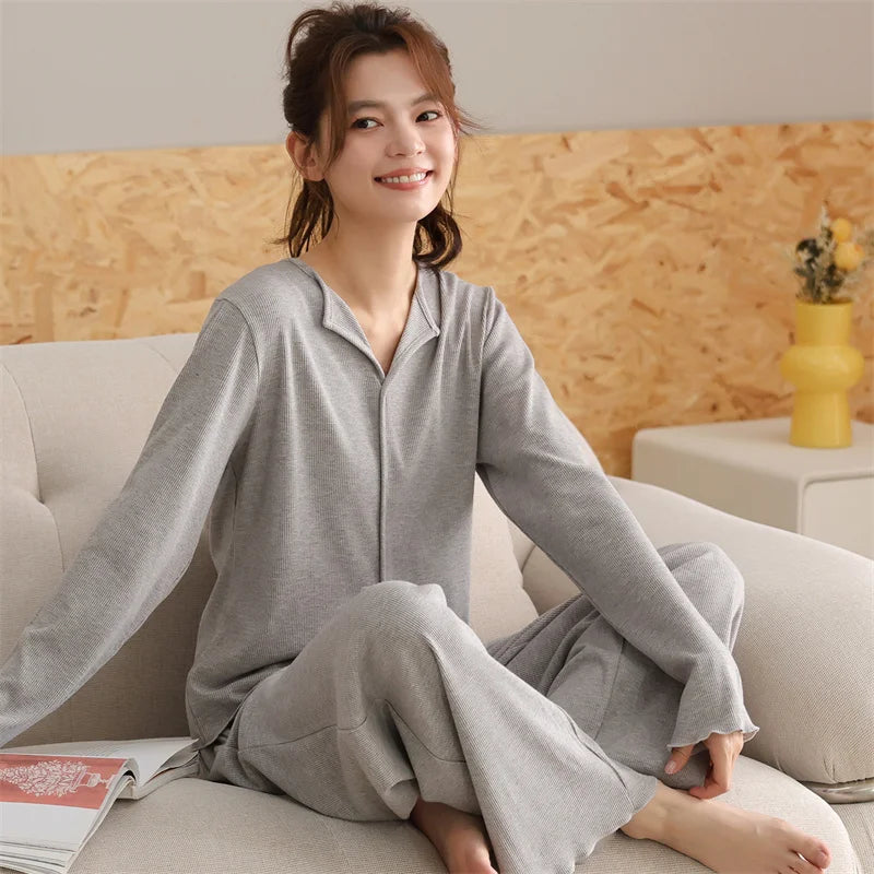 Pajama Woman Winter Long Sleeve Lapel Collar Shirt Pant Suit Spring Autumn Modal Cotton Sleepwear Set Lounge Home Clothes