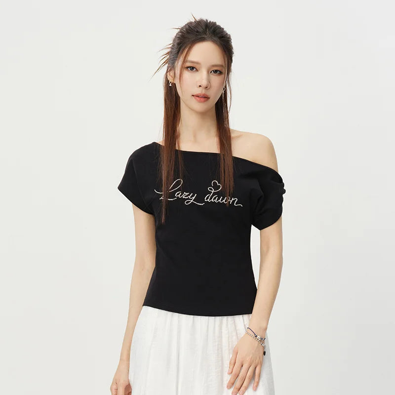 Semir Womens Tshirt 2026 Short Letter Oblique Shoulder Slim Sweet Cool Casual Fashion