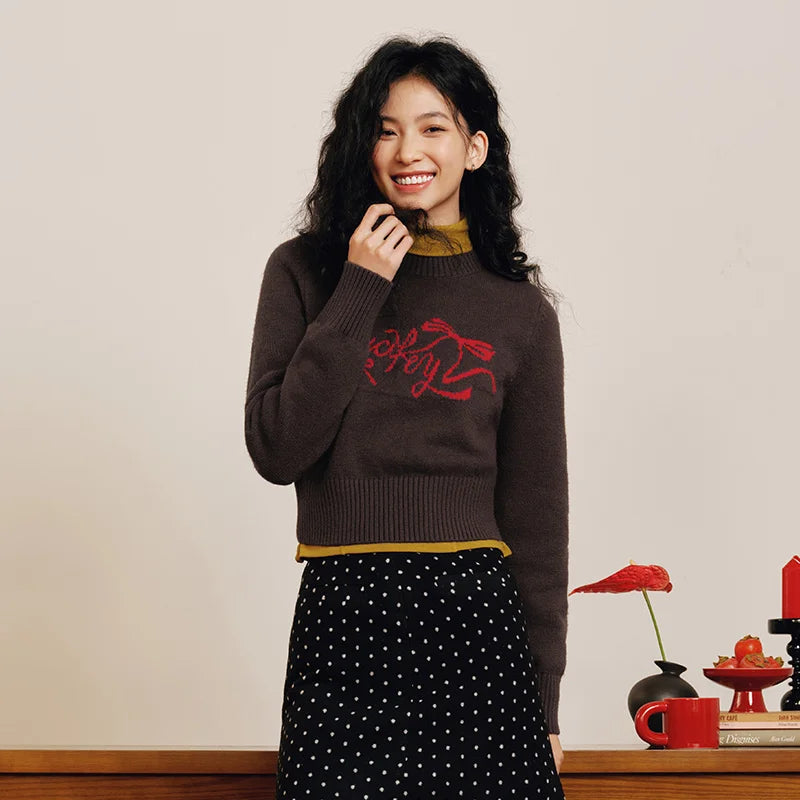 Semir New Year Sweater Women Short Bowknot Slim Fit Round Neck Knit Top 2026 Spring Style Red Fashion Basic Tops