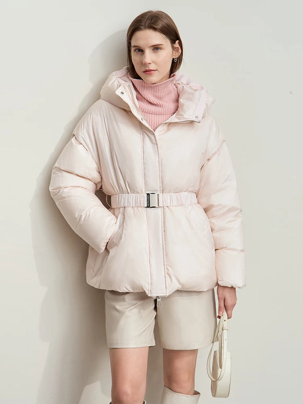 AMII Minimalist 2024 Winter Down Jacket for Women Elastic Belt Detachable Sleeves Women Warm Thick Hooded Outerwear 12444052