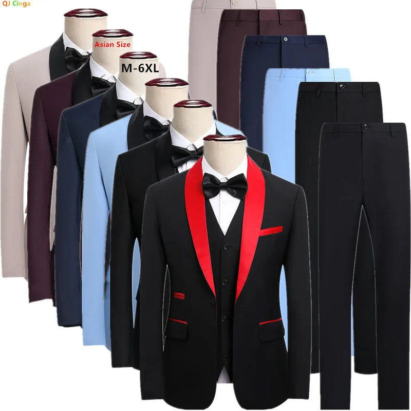 2026 New Men's Black Suit Three-Piece, Business Wedding Jacket with Vest and Pants, Asian Size M-6XL, Burgundy Gray White Sets.