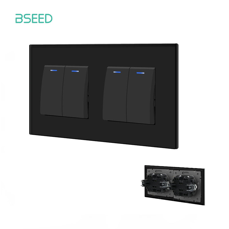 BSEED EU Standard Wall Light Switch 1/2Gang 1Way Toggle Switch Glass Panel Black Color Wall Switch On Off 10A 250V