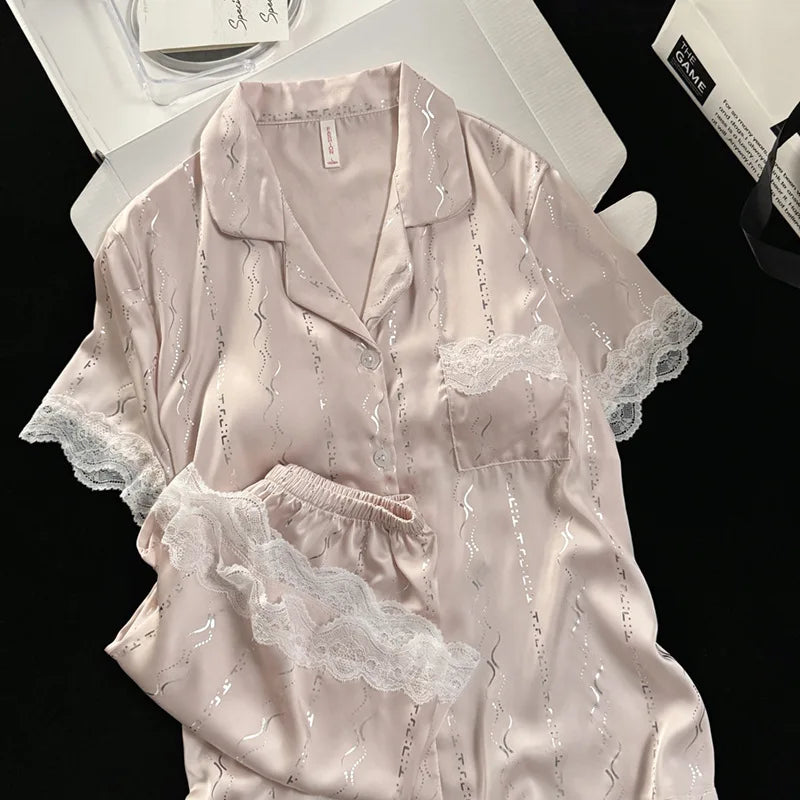 2 Piece Pajamas Set for Women Summer Chest Pads Loungewear Elegant Short Sleeve Button Lapel Collar Top New Women's Sleepwear