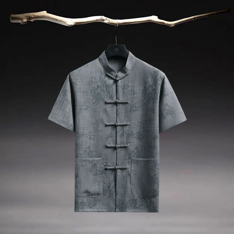Chinese-style Men's Beige Short-sleeve Jacquard Shirt; Summer Blue Single-breasted Stand-collar Shirts.