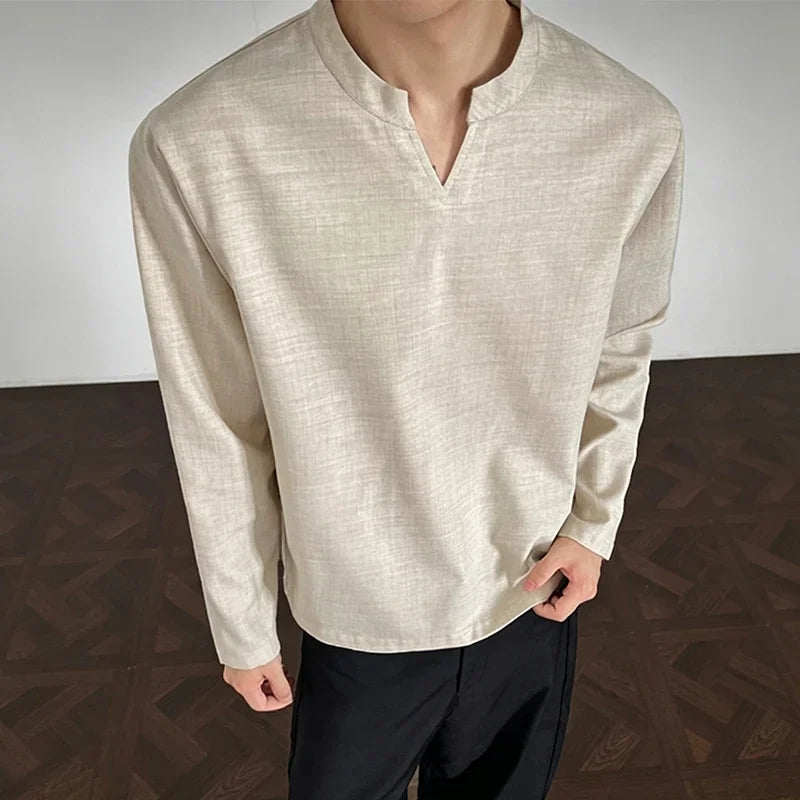Mens Long Sleeve V Neck Mandarin Collar Shirt Linen Weave Fabric Loose Silhouette For Daily Occasions