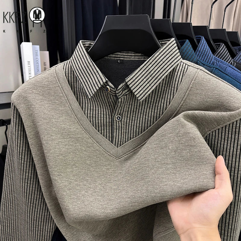 Thermal Warm Knit Sweater For Men Collared Fake Vest Elastic Cuff Full Fleece Lined Vertical Stripe Autumn Office Clothing