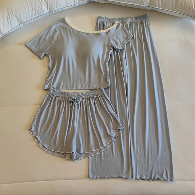 Pijamas Mujer Comfort Modal Short Sleeve Chest Pad Top Three Pieces Set Elegant Sleepwear Home Clothes Women's Pajamas Suit