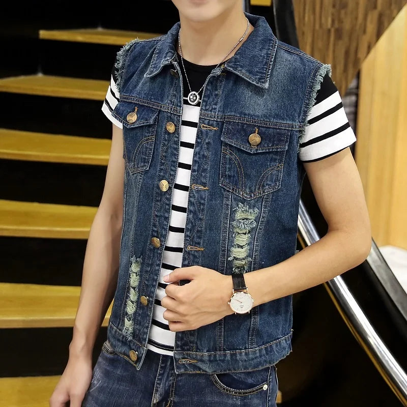 2026 New Men's White Sleeveless Denim Jacket, Single Breasted Lapel Vest Coat Blue Gray Black Denim Tops Waistcoat M-5XL 6XL