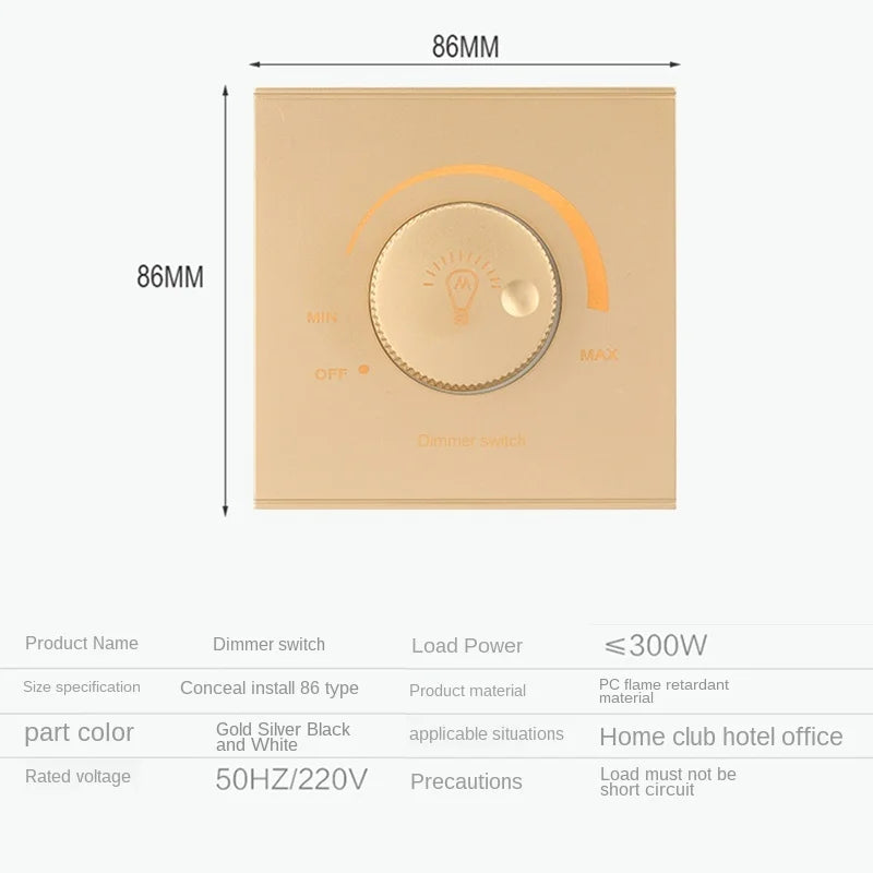 DepoGuye Wall-mounted LED dimmer on/off switch, dimming 15-300W, AC 220V-250V rotary dimmer switch, For dimmable LED lamps