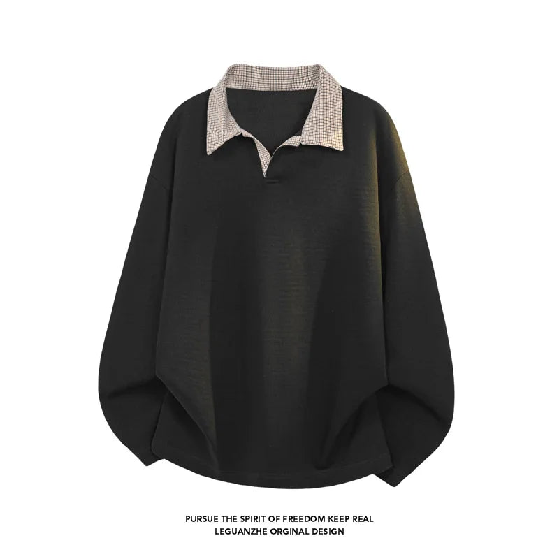 Male Loose Fit Knit Long Sleeve Polo Top Contrast Plaid Collar Airy Fabric For Office Commute And Leisure Occasions