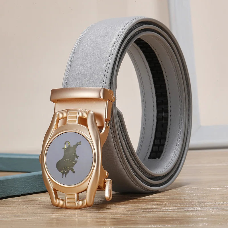 2026 New Width 3.0 Cm Gray Belt Women's Fashion Casual Automatic Buckle Belts Men Cow Head Pattern Cinturon Female Waistband