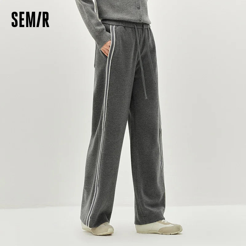 Semir Women Pants Ruffle Trim Colorblock Wool Look Wide Leg Loose Fit 450G 2026 Elegant Warm Urban Casual Trousers