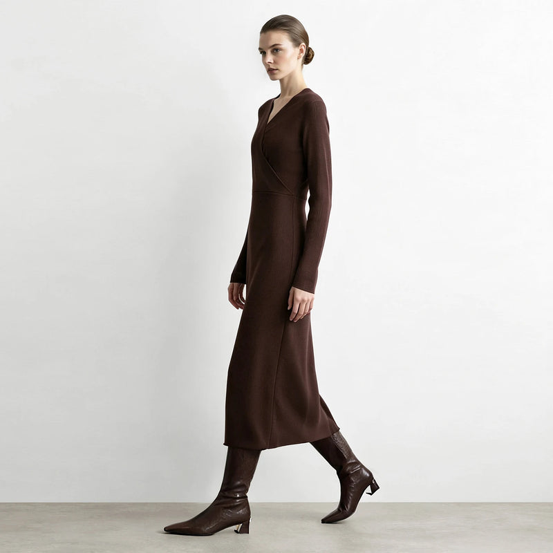 Amii V-Neck Knit Dress For Women Slim Waist A-Line Long Sleeve Elegant Maxi Sweater Dresses Minimalist Woman Clothes 12623140