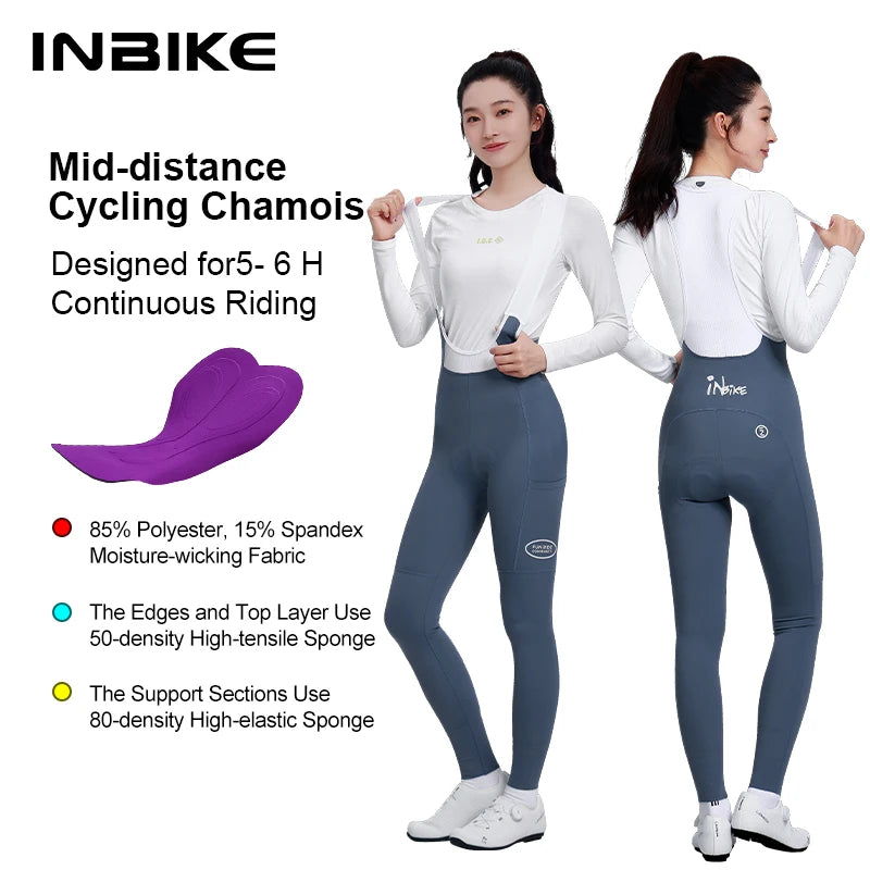 INBIKE Spring Women's Biking Bib Pants High Waist Road Cycling Pants Long with Padded Cushion for Long Riding Road Bike Toursers