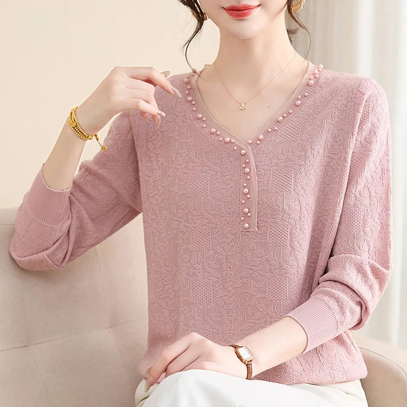 Sweater For Woman V Neck Long Sleeve Tops Spring Autumn Women's Clothing Beading Pullover Blouse Hot Sweaters Female Jumper