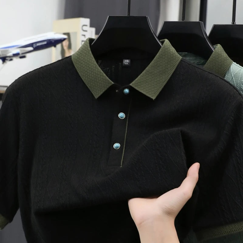 Men's Cable Knit Polo Shirt, Ultra-Soft Cotton Feel Fabric, Business Casual Short Sleeve Shirt with Ribbed Collar