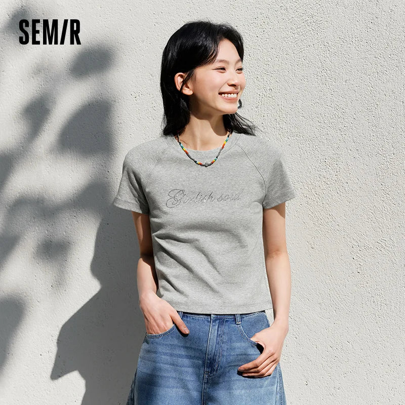Semir Letter Print Short Sleeve T-Shirt Women Raglan Sleeve Rhinestone Design 2025 Summer Fashion Elegant Top for Party Wear