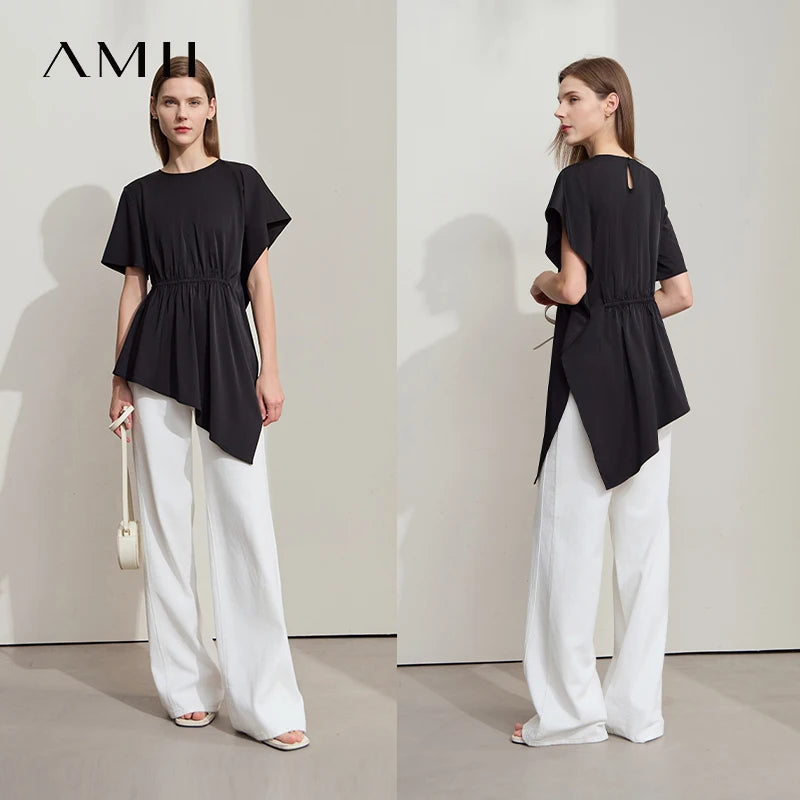 AMII Minimalist Summer T-shirts Women 2026 New Round Neck Short Sleeve Solid Loose Shirt Female Fashion Irregular Tops 12542097