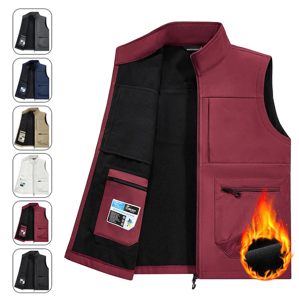 New Workwear Soft-Shell With Fleece Vest Multi-Pocket Outdoor Fishing Suit Vest Coat With Logo Printing Casual Men's Vest