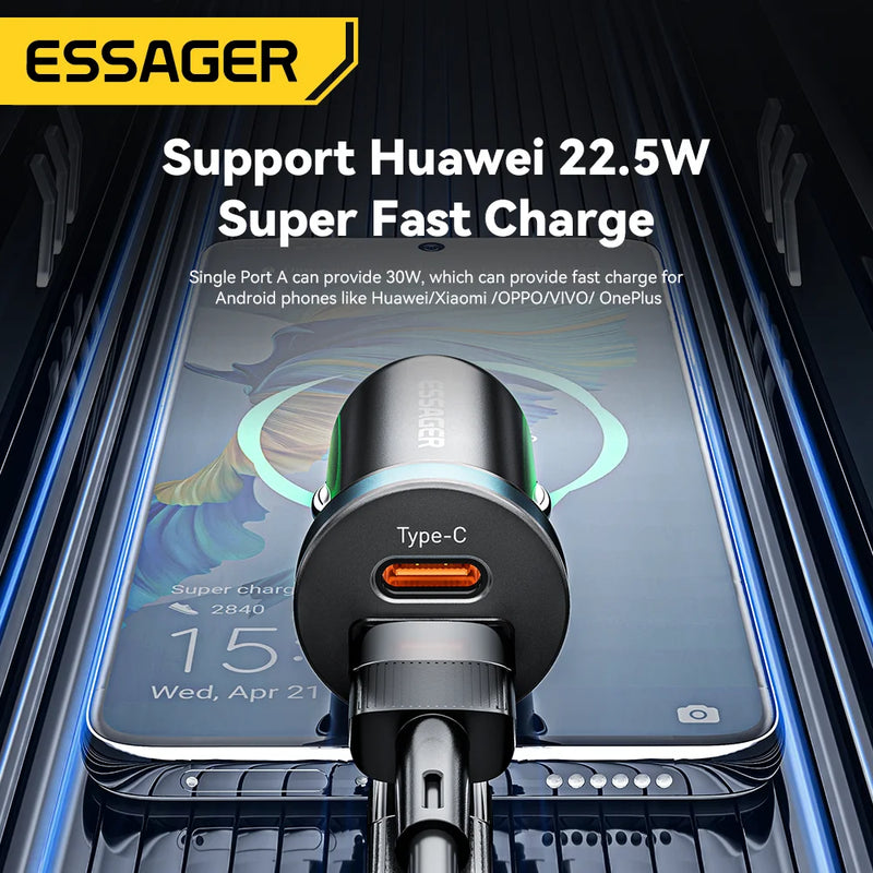 ឆ្នាំងសាករថយន្ត Essager 30W USB C ប្រភេទ C ឆ្នាំងសាករហ័ស PD QC 3.0 SCP 5A សាកថ្មលឿនសម្រាប់ទូរស័ព្ទ iPhone Xiaomi Samsung