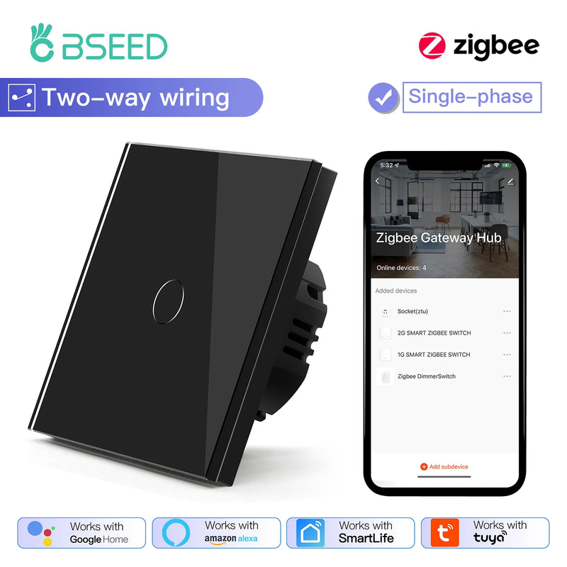 BSEED 1/2/3Gang Smart Zigbee Touch Light Switch 2-Way Control Compatible with Alexa/Google Home No Neutral Wire Touch Switch