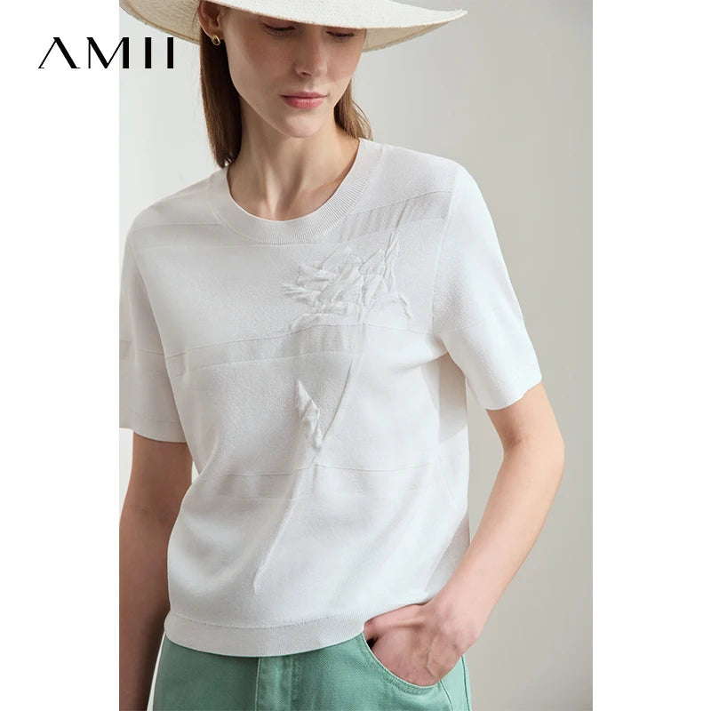 អាវយឺត AMII រដូវក្តៅបែប Minimalist សម្រាប់ស្ត្រីឆ្នាំ ២០២៥ អាវយឺតកមូលដៃខ្លីបោះពុម្ពសម្រាប់ស្ត្រីម៉ូដទាន់សម័យ 12522078