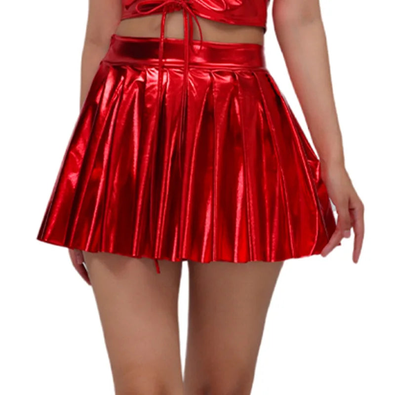 Women's Shimmering Patent Leather Pleated Skirt, High-Waisted A-Line Mini Skirts for Nightclubs, Stage/Club Performance Outfit