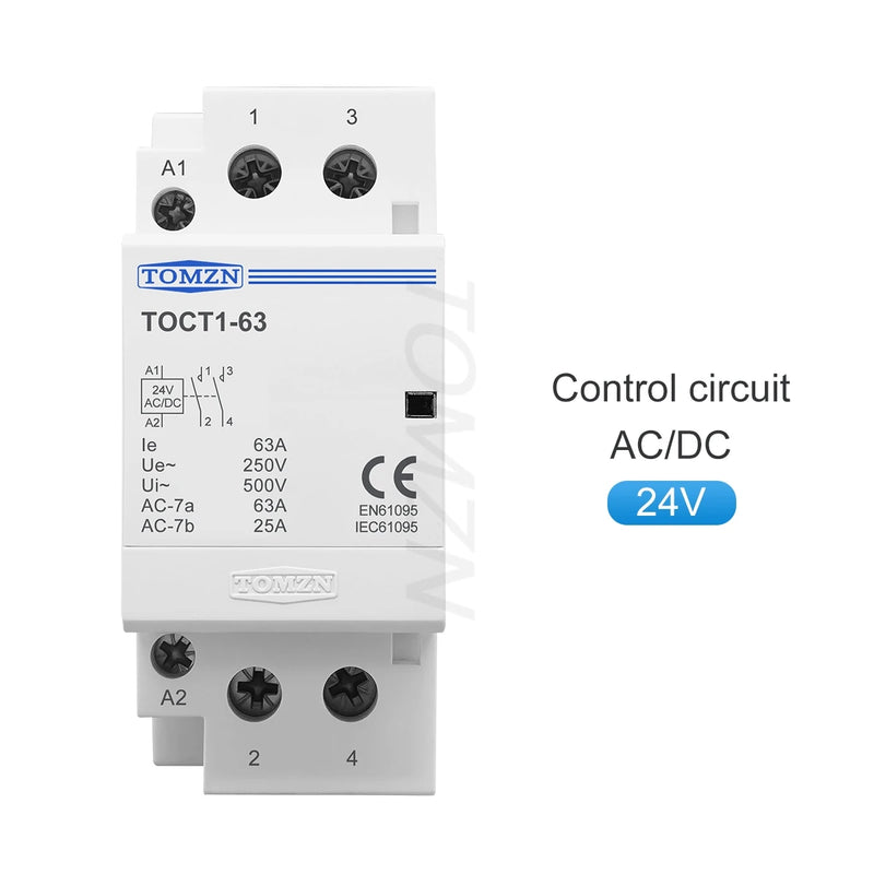 TOMZN 63A Single-Phase Din Rail Contactor – Control: AC/DC 24V/110V/230V, Main: 230V AC, Contacts: 2NO2NC or 1NO1NC
