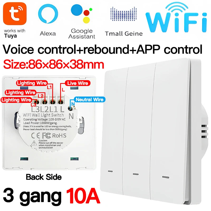 Tuya ZigBee Light Switch Transmitter Kit, No Neutral Wire Required, 1/2/3 Gang Works with Smart Life Alexa