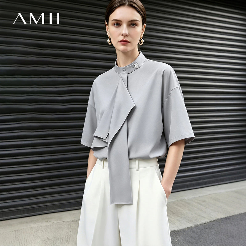 Amii Women Shirt 2026 Summer New Stand Collar Tie Drop Shoulder Short Sleeves Blouse French Style Elegant Chiffon Top 12642105