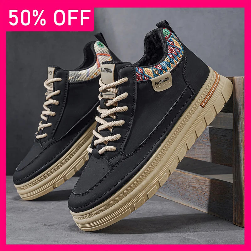 Men Sports Shoes Thick Soles Anti Slip Wear-resistant Retro Leather Breathable Fashionable Versatile Street Sports Walking Shoes
