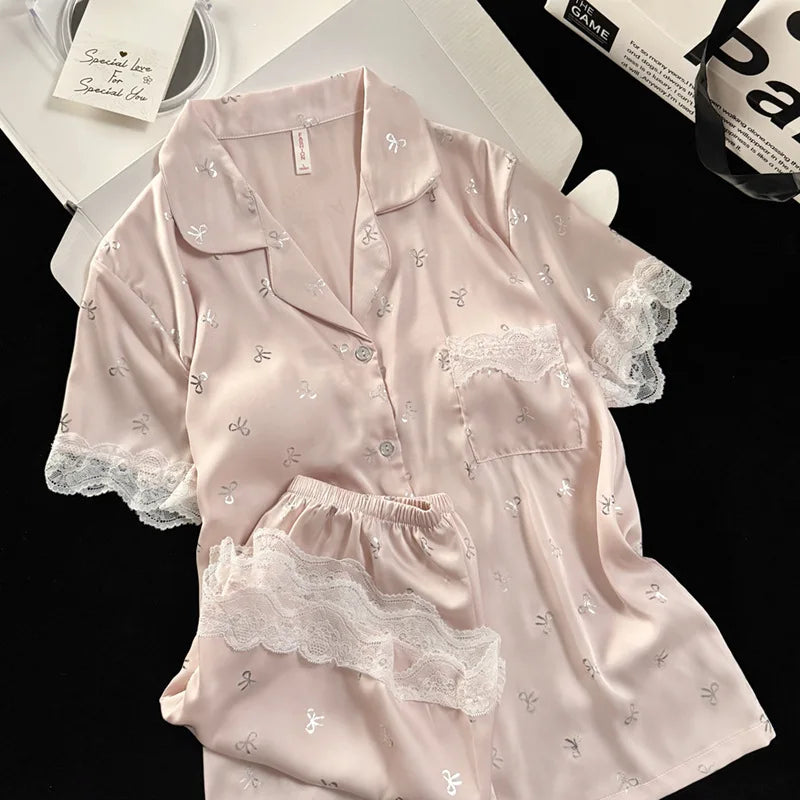 2 Piece Pajamas Set for Women Summer Chest Pads Loungewear Elegant Short Sleeve Button Lapel Collar Top New Women's Sleepwear
