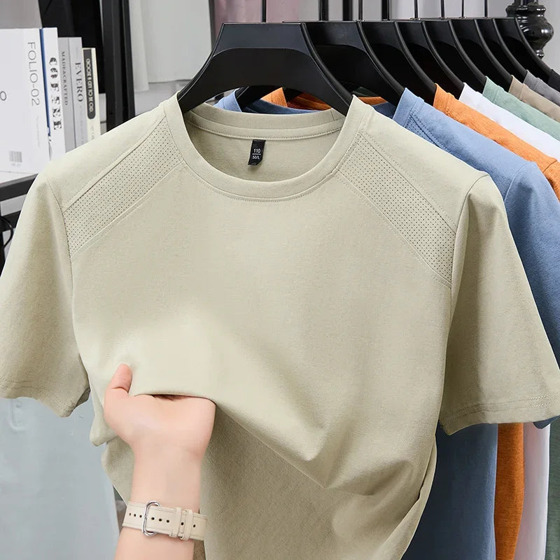 All Season Basic Solid Male Short Sleeve T Shirt Mesh Spliced Shoulder Home Rest Daily Commute Leisure Garment