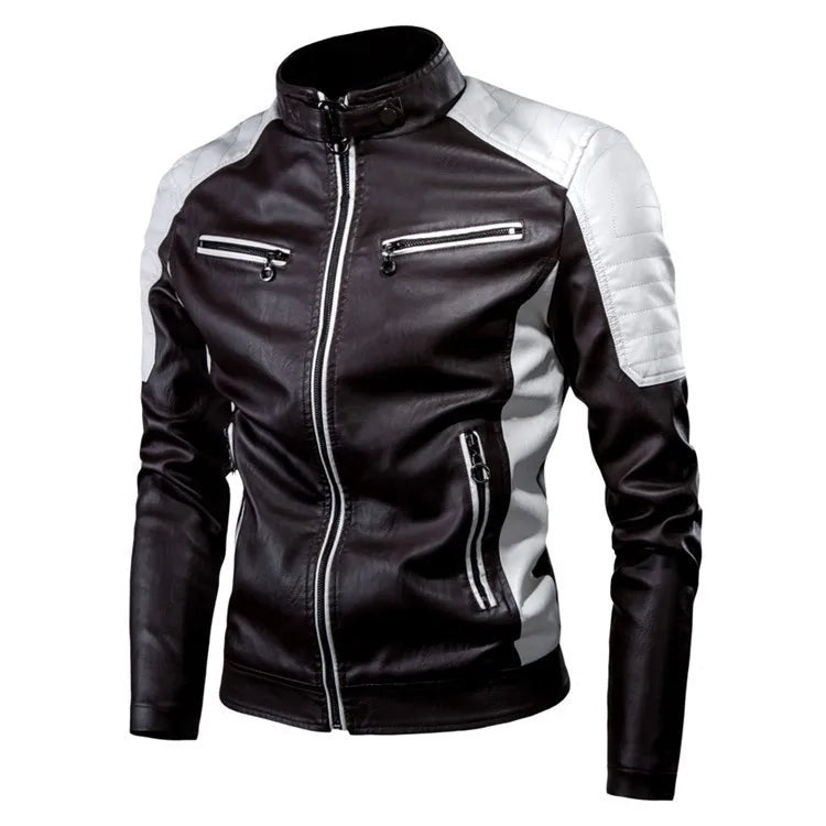 Men's Long Sleeve Artificial Leather Jacket Autumn New Style Two-color Splicing Decorative PU Coat Red Blue Green Brown Black Op