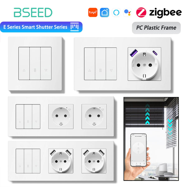 BSEED E Series Zigbee Shutter Switch Smart Click Button Switch for Blinds Plastic Frame Support Tuya Smart Life Alexa Control