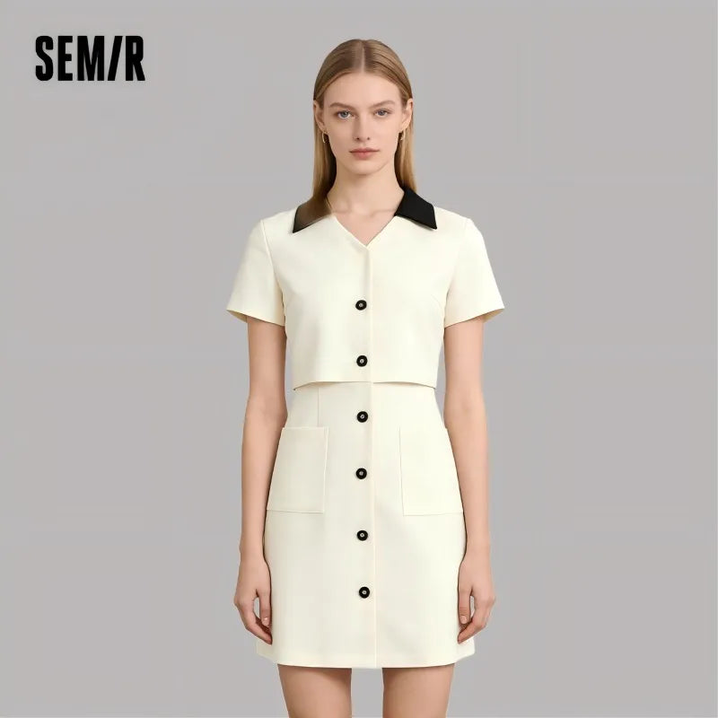 Semir Women Dress Textured 2026 Faux Two Piece Color Block Lapel Collar Urban Casual Everyday Style Soft Comfortable