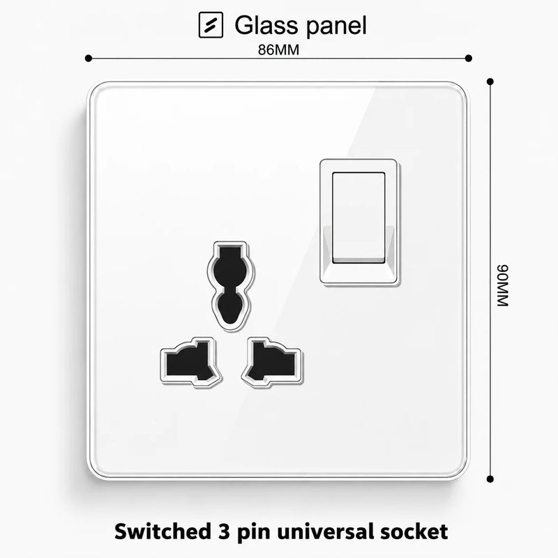 White Tempered Glass 2Way Wall Light Switch, UK Wall 18W Type-C Fast Charging USB Socket, Universal Electrical Outlet Plug 220V