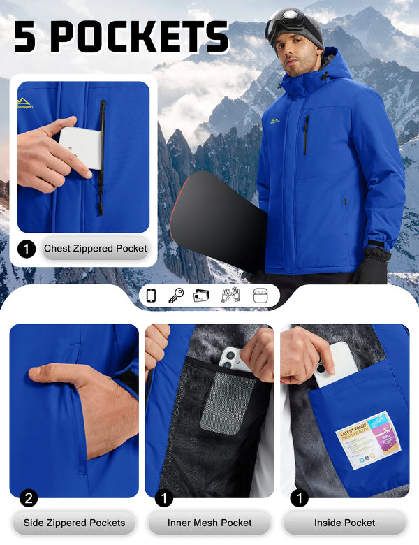 TACVASEN Mens Heavyweight Ski Jacket Waterproof Fleece Parka Detached Hood Windproof Placket Outdoor Coat Winter Warm 5 Pocket