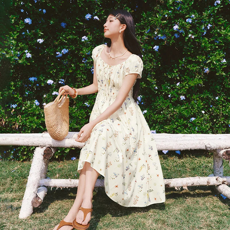 Semir Women Dress Hollow Bow Waist Cinching Floral French Romantic Sweet Elegant 2026 Summer Casual Fashion Top