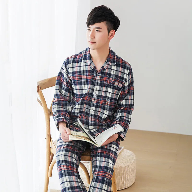 Spring Autumn Men's 100% Cotton Pajamas Suit Leisure Plaid Lapel Long Sleeve Home Clothes Women Sleepwear Set Pijamas De Mujer