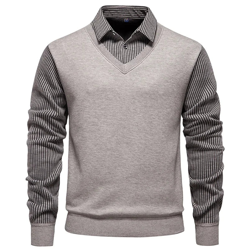 Daily Casual Male Knitted Pullover Fake Two Piece Waistcoat Fleece Lined Vertical Stripe Shirt Collar Slim Long Sleeve Garment
