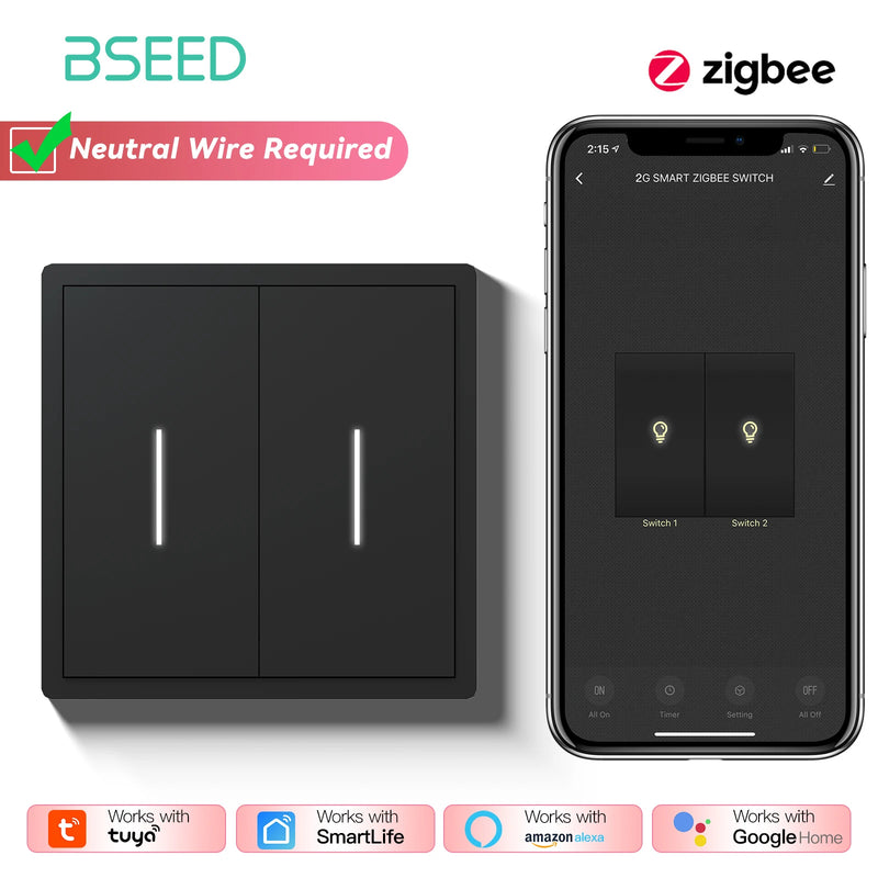 BSEED Zigbee Button Switch 1/2/3/4Gang 2Way Smart EU Socket Plastic Panel Smart Click Switch Tuya Smart Life Alexa Voice Control