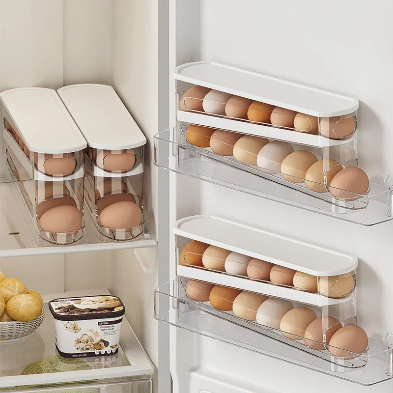 Auto-Rotating Clear Egg Holder | 2-Layer Fridge Organizer, Freshness PET/PP Storage | Space-Saving Kitchen Essentials | ប្រអប់ដាក់ពងទាថ្លាវិលស្វ័យប្រវត្តិ | ឧបករណ៍រៀបចំទូទឹកកក ២ ជាន់ អាហារដ្ឋានរក្សាភាពស្រស់ PET/PP | ឧបករណ៍ផ្ទះបាយសន្សំសំចៃលំហ