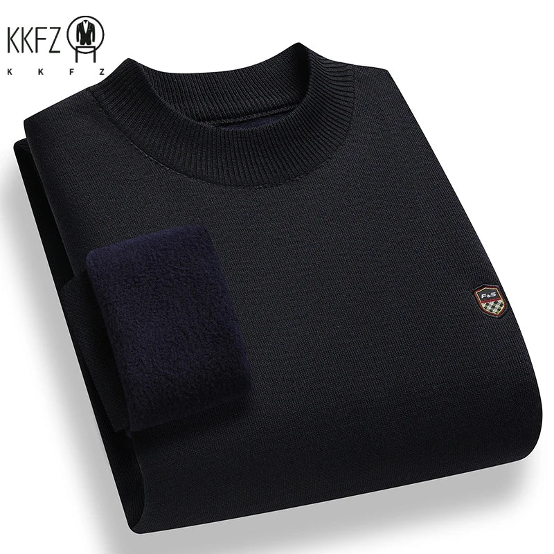 Windproof Men Plain Knitted Sweater Stretch Rib Trim Small Shield Badge Fleece Lined Office Casual Long Sleeve Top