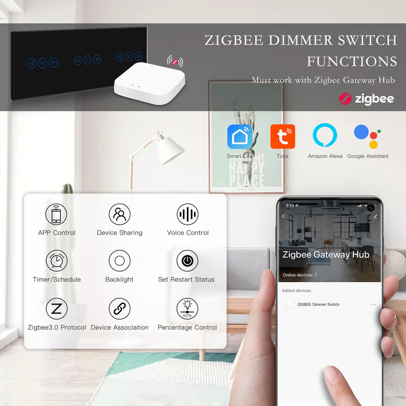 BSEED Zigbee Dimmer Switches Triple Smart Wall Touch Switch LED Dimmable Light Switch Tuya Smart Life Alexa Wireless Control