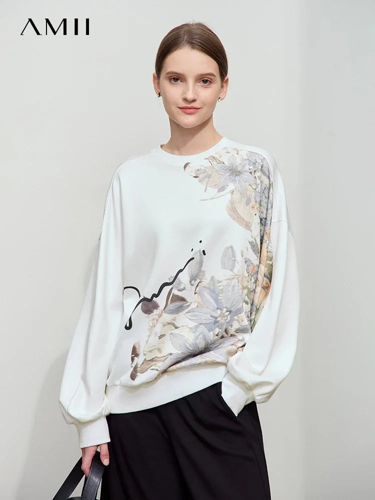 Amii Minimalist Crew Neck Floral Letter Print Pullovers 2026 Oversized Sweater Women Autumn New Casual Loose Trend Top 12541032