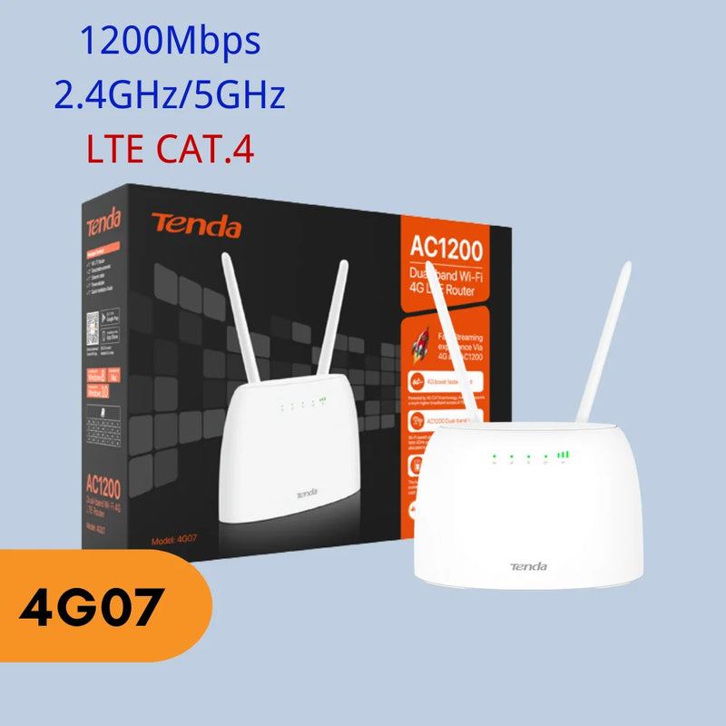រ៉ោតទ័រ Tenda 4G ស៊ីមកាត AC1200 រ៉ោតទ័រឥតខ្សែ Hotspot អ្នកប្រើប្រាស់ 64 នាក់ 150mbps Beamforming រ៉ោតទ័រ Wifi 4G CAT4 CAT4 Carrier Aggregation